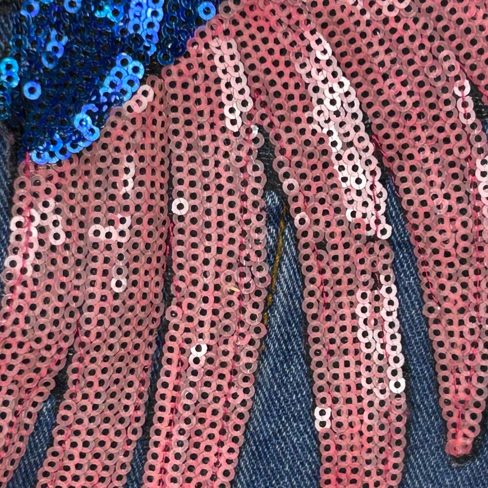 Denimland Cotton Blend Sequin Lips and Wings Blue Button Up Denim Jean Jacket M - Picture 7 of 8